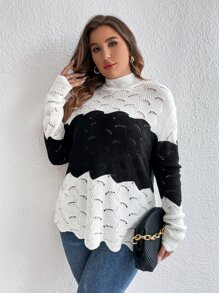 SHEIN LUNE 大碼雙色小高領網眼針織落肩袖套頭毛衣 - 黑與白 - 查看 1