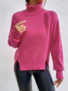 SHEIN Essnce Turtleneck Raglan Sleeve Split Hem Jumper - Hot Pink - View 4