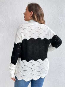 SHEIN LUNE 大碼雙色小高領網眼針織落肩袖套頭毛衣 - 黑與白 - 查看 2