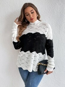 SHEIN LUNE 大碼雙色小高領網眼針織落肩袖套頭毛衣 - 黑與白 - 查看 3