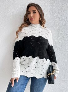 SHEIN LUNE 大碼雙色小高領網眼針織落肩袖套頭毛衣 - 黑與白 - 查看 4