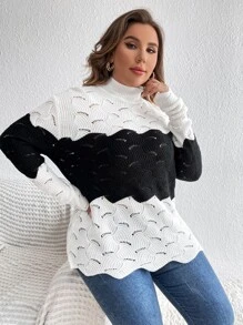 SHEIN LUNE 大碼雙色小高領網眼針織落肩袖套頭毛衣 - 黑與白 - 查看 5