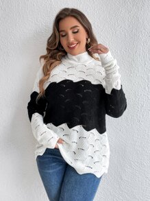 SHEIN LUNE 大碼雙色小高領網眼針織落肩袖套頭毛衣 - 黑與白 - 查看 6