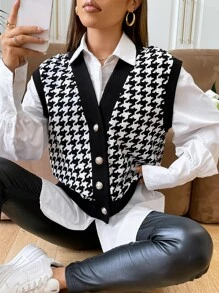 SHEIN EZwear Spring Houndstooth Print Vest Jacket Without Blouse In Fall/Winter - Black and White - View 1