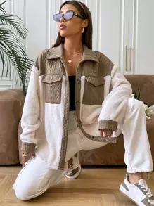 SHEIN EZwear Two Tone Flap Pocket Drop Shoulder Coat - Multicolor - View 1