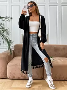 SHEIN Unity Fringe Trim Open Front Coat - Black - View 1