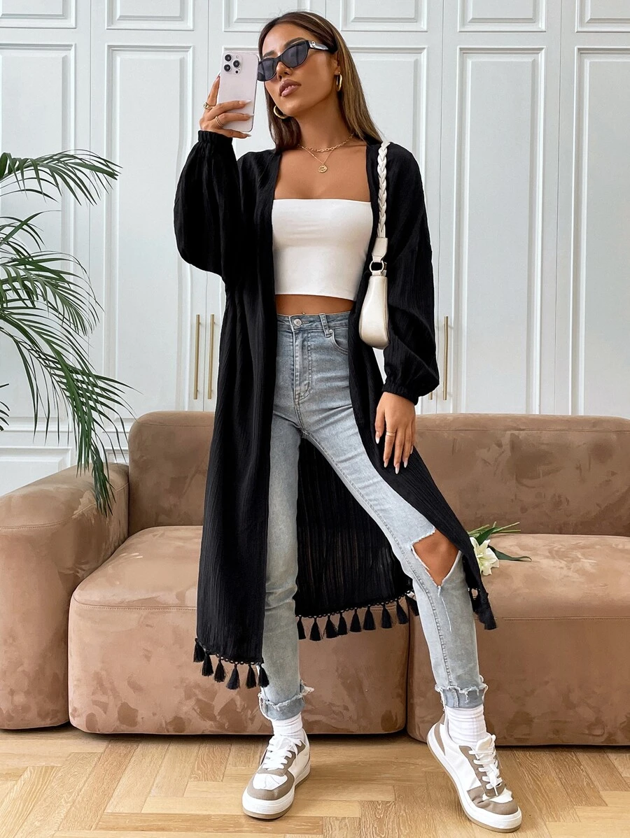 SHEIN Unity Fringe Trim Open Front Coat - Black - View 1