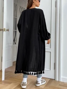 SHEIN Unity Fringe Trim Open Front Coat - Black - View 2