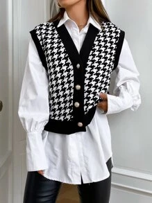SHEIN EZwear Spring Houndstooth Print Vest Jacket Without Blouse In Fall/Winter - Black and White - View 5