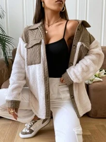 SHEIN EZwear Two Tone Flap Pocket Drop Shoulder Coat - Multicolor - View 3