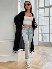 SHEIN Unity Fringe Trim Open Front Coat - Black - View 3