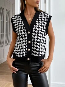 SHEIN EZwear Spring Houndstooth Print Vest Jacket Without Blouse In Fall/Winter - Black and White - View 6