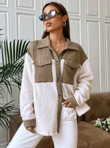 SHEIN EZwear Two Tone Flap Pocket Drop Shoulder Coat - Multicolor - View 5