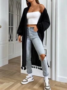 SHEIN Unity Fringe Trim Open Front Coat - Black - View 4