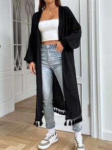 SHEIN Unity Fringe Trim Open Front Coat - Black - View 5