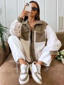 SHEIN EZwear Two Tone Flap Pocket Drop Shoulder Coat - Multicolor - View 7