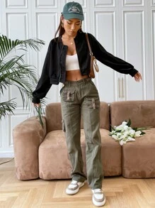 SHEIN EZwear Zip Up Crop Bomber Jacket