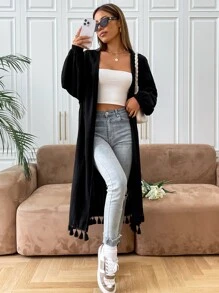 SHEIN Unity Fringe Trim Open Front Coat - Black - View 6