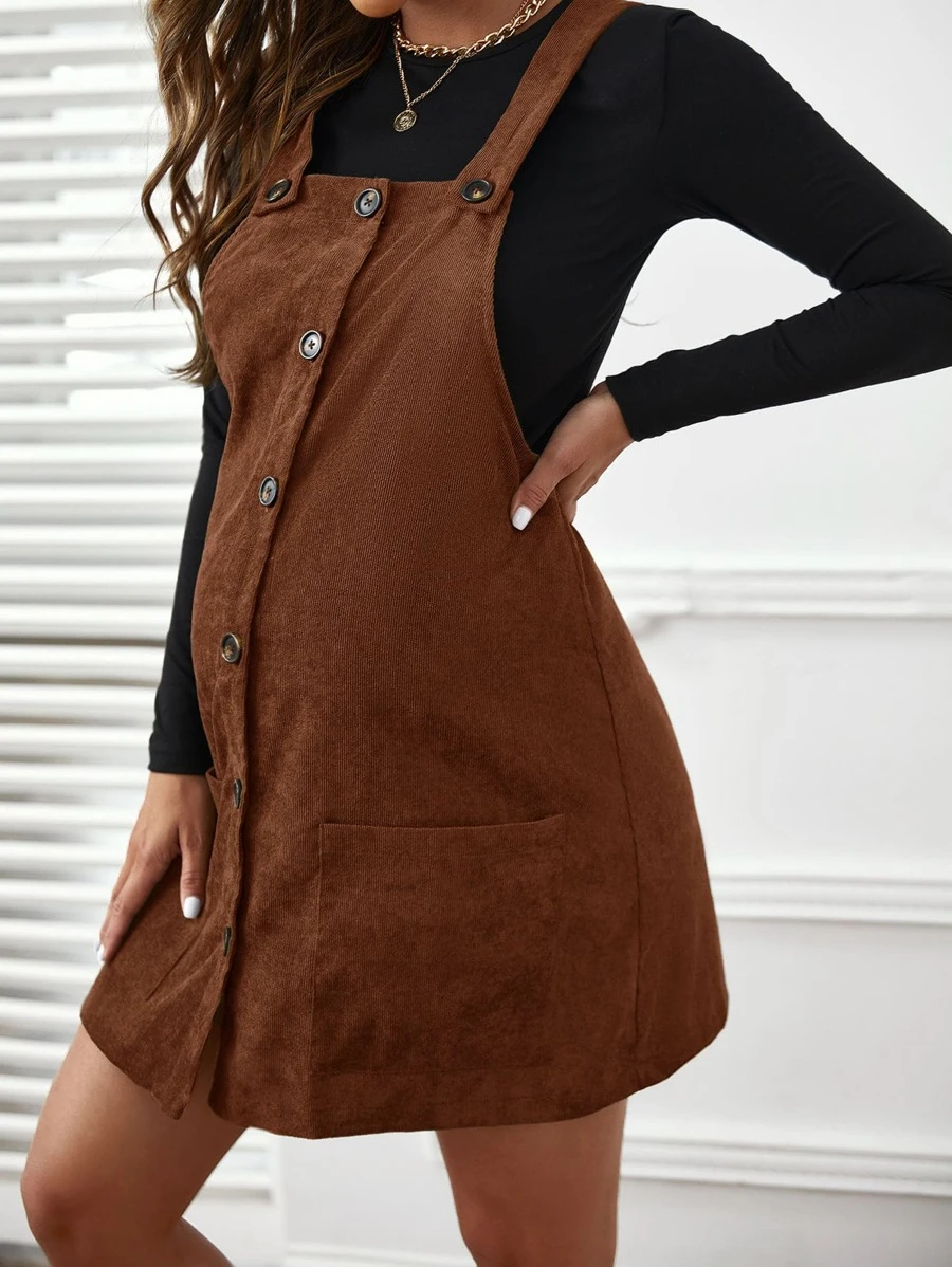 SHEIN 孕婦素色T恤和前紐扣燈芯絨背帶洋裝 - 彩色 - 查看 1