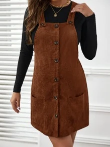 SHEIN 孕婦素色T恤和前紐扣燈芯絨背帶洋裝 - 彩色 - 查看 4