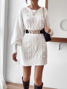 Pom Pom Drop Shoulder Jumper Dress Without Belt - White - View 1