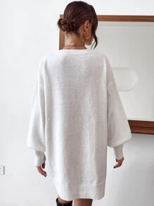 Pom Pom Drop Shoulder Jumper Dress Without Belt - White - View 2