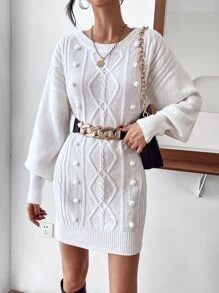 Pom Pom Drop Shoulder Jumper Dress Without Belt - White - View 3