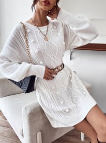 Pom Pom Drop Shoulder Jumper Dress Without Belt - White - View 4