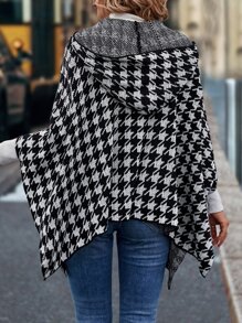 SHEIN LUNE Houndstooth Pattern Hooded Batwing Sleeve Duster Cardigan - Black and White - View 2