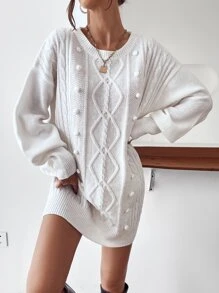 Pom Pom Drop Shoulder Jumper Dress Without Belt - White - View 5