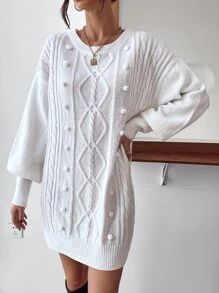 Pom Pom Drop Shoulder Jumper Dress Without Belt - White - View 6