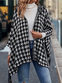 SHEIN LUNE Houndstooth Pattern Hooded Batwing Sleeve Duster Cardigan - Black and White - View 4
