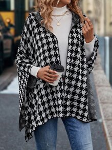 SHEIN LUNE Houndstooth Pattern Hooded Batwing Sleeve Duster Cardigan - Black and White - View 5