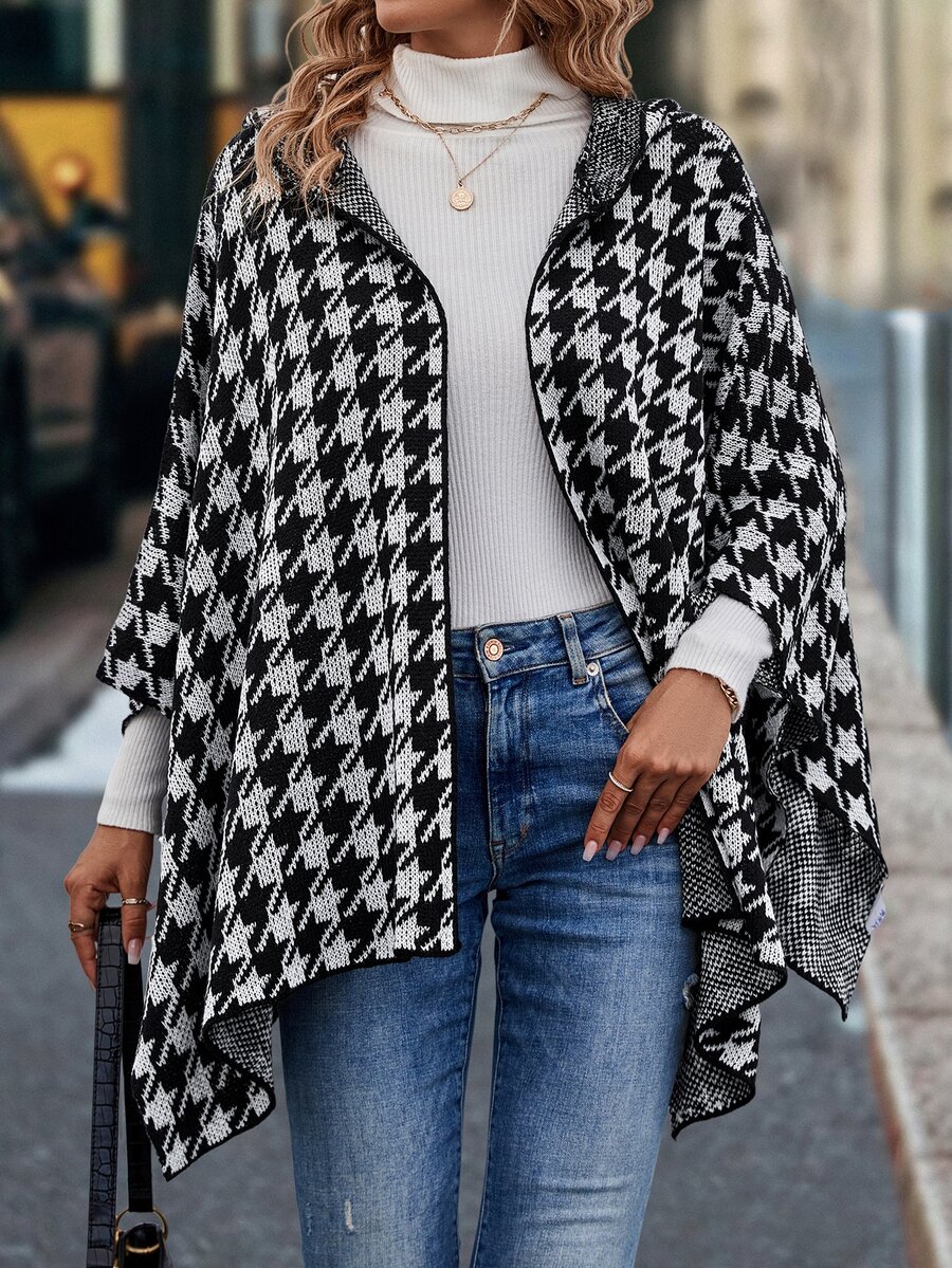 SHEIN LUNE Houndstooth Pattern Hooded Batwing Sleeve Duster Cardigan - Black and White - View 1