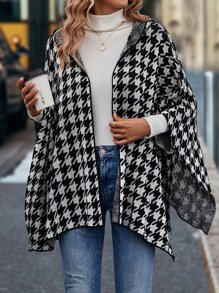 SHEIN LUNE Houndstooth Pattern Hooded Batwing Sleeve Duster Cardigan - Black and White - View 6