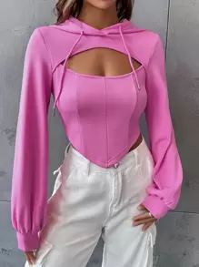 SHEIN EZwear Solid Cutout Hanky Hem 2 In 1 Drawstring Hoodie - Hot Pink - View 1