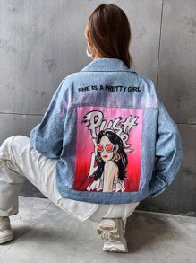 SHEIN EZwear Figure & Slogan Graphic Flap Detail Drop Shoulder Jacket - Light Wash - View 2