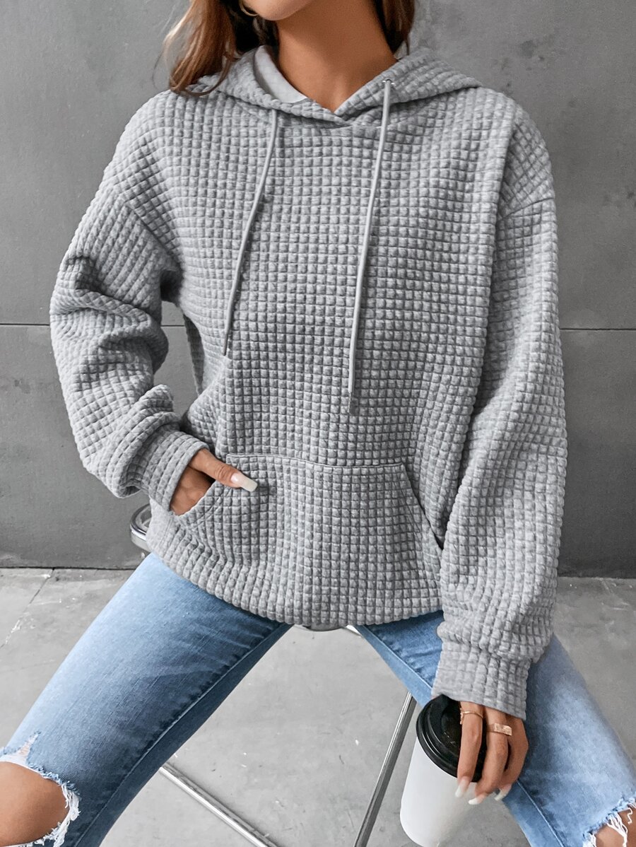 SHEIN EZwear Pocket Drop Shoulder Drawstring Hoodie In Fall/Winter - Light Grey - View 1