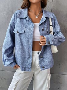 SHEIN EZwear Figure & Slogan Graphic Flap Detail Drop Shoulder Jacket - Light Wash - View 1