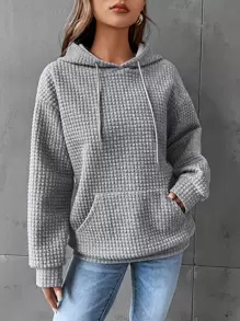 SHEIN EZwear Pocket Drop Shoulder Drawstring Hoodie In Fall/Winter - Light Grey - View 3