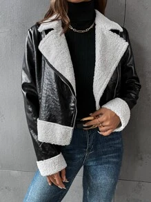 Muchica 拼接絨毛拉鏈開襟PU皮革機車夾克 - 黑色 - 查看 2