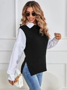 SHEIN Frenchy Jersey bajo con abertura tejido de canalé 2 en 1 - Blanco y Negro - Ver 1