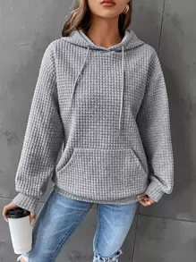 SHEIN EZwear Pocket Drop Shoulder Drawstring Hoodie In Fall/Winter - Light Grey - View 4