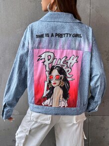 SHEIN EZwear Figure & Slogan Graphic Flap Detail Drop Shoulder Jacket - Light Wash - View 5