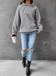 SHEIN EZwear Pocket Drop Shoulder Drawstring Hoodie In Fall/Winter - Light Grey - View 5