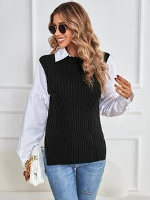 SHEIN Frenchy Jersey bajo con abertura tejido de canalé 2 en 1 - Blanco y Negro - Ver 3