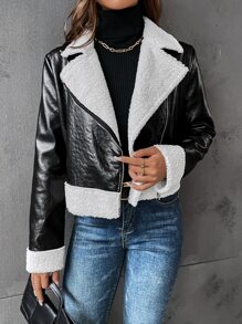 Muchica 拼接絨毛拉鏈開襟PU皮革機車夾克 - 黑色 - 查看 5