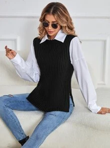 SHEIN Frenchy Jersey bajo con abertura tejido de canalé 2 en 1 - Blanco y Negro - Ver 5