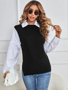 SHEIN Frenchy Jersey bajo con abertura tejido de canalé 2 en 1 - Blanco y Negro - Ver 6