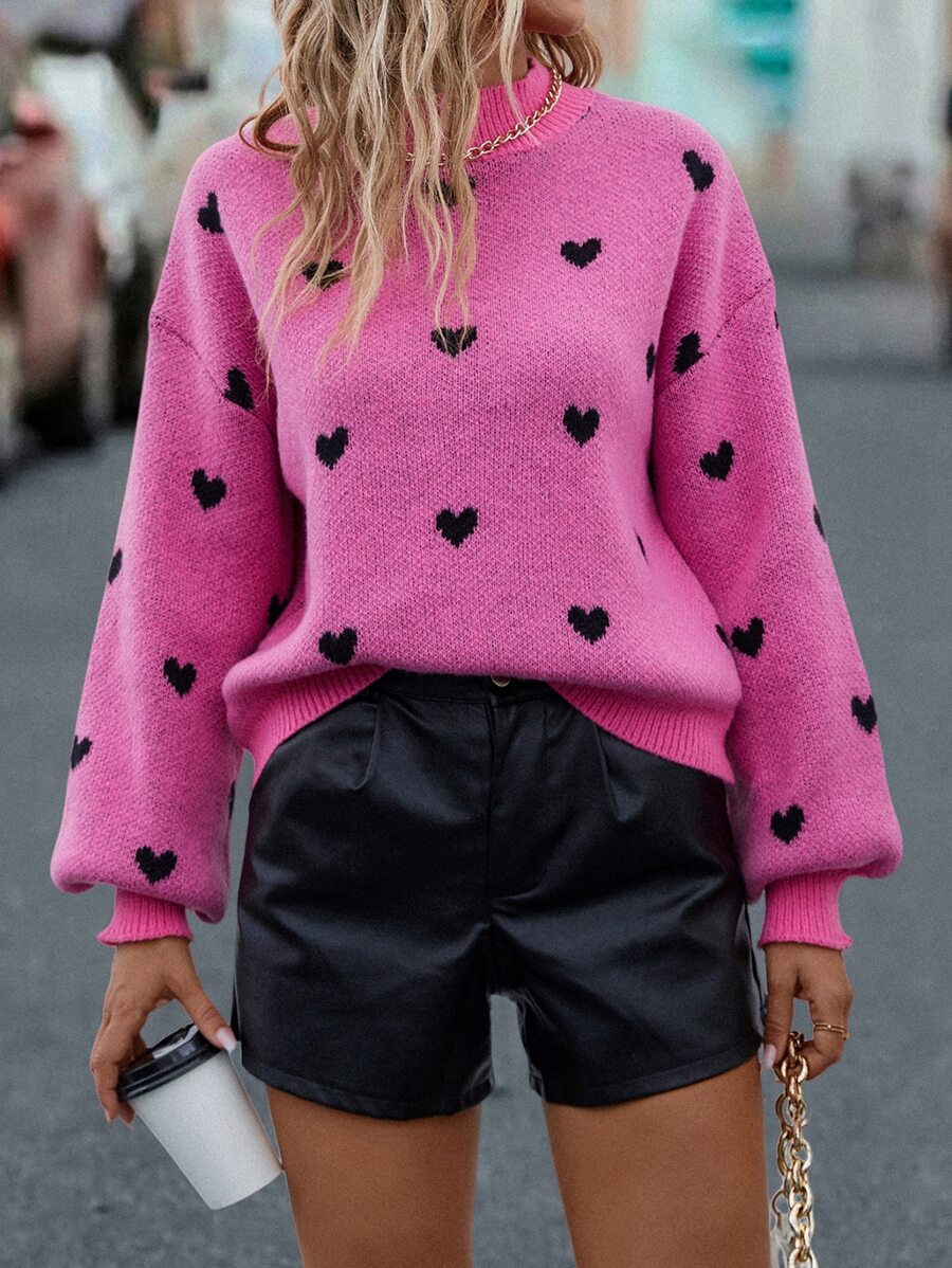 EMERY ROSE Heart Pattern Mock Neck Drop Shoulder Jumper - Hot Pink - View 1